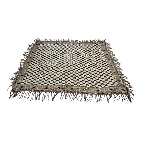 1980s–1990s Black & White Woven Shawl with Decorative Faceted Black Gems - Picture 1 of 8